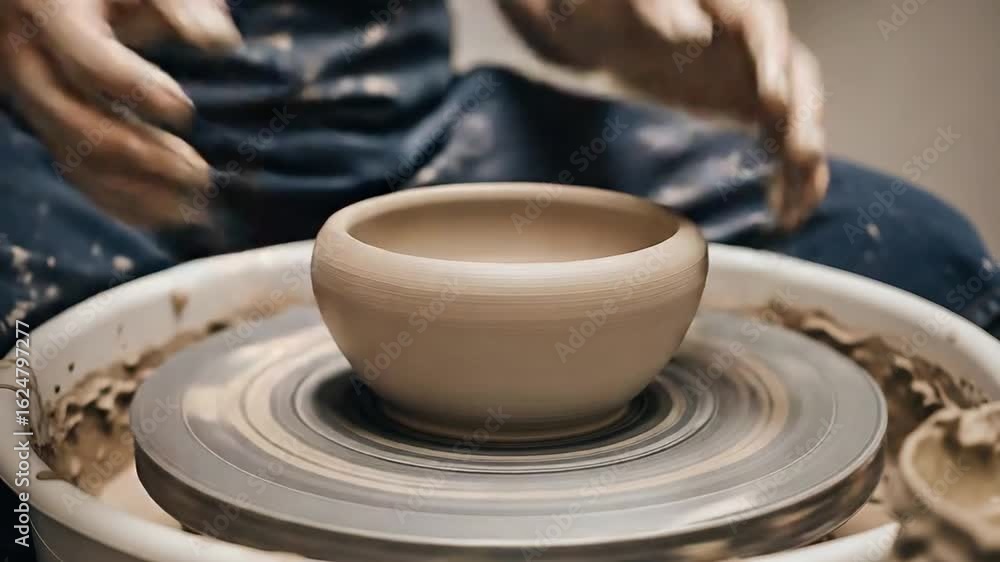 Artisan Pottery Craft Process: Hands Shaping a Beautiful Bowl on a Wheel in a Cozy Workshop Setting with Soft Ambient Lighting Highlighting the Clay and Tools Surrounding the Artisan Artisan Pottery Craft Process: Hands Shaping a Beautiful Bowl on a Wheel in a Cozy Workshop Setting with Soft Ambient Lighting Highlighting the Clay and Tools Surrounding the Artisan