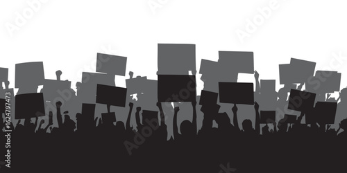 Background silhouette of a crowd of people jostling to hold up blank boards, demonstrating in a large crowd. Suitable for background demonstrations and news of riots.