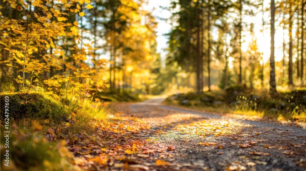 Obraz premium Golden autumn path through a serene Swedish forest with scattered leaves.