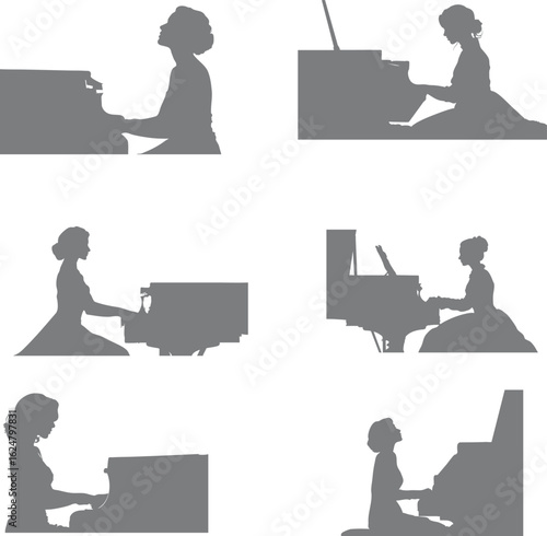 A collection of silhouettes of a girl wearing a dress, playing the piano. Suitable for music concert elements, banners, social media and books, flyers and design elements.