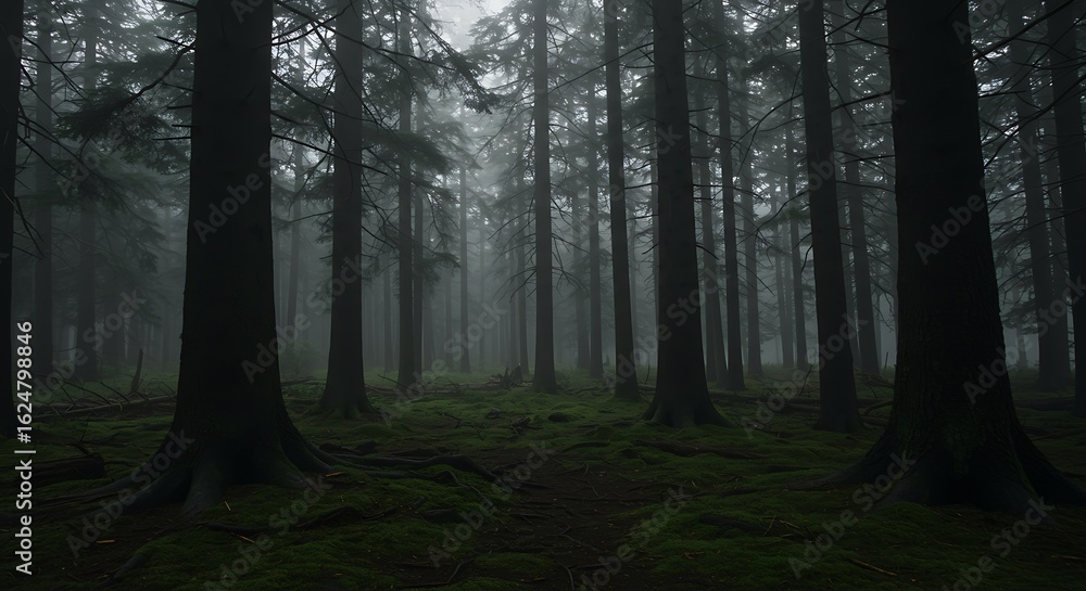 Obraz premium Towering Pines in a Mystical Fog, Ground Covered in Verdant Moss