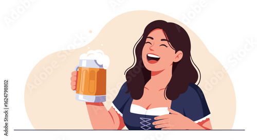 Happy woman in dirndl holding foamy beer mug