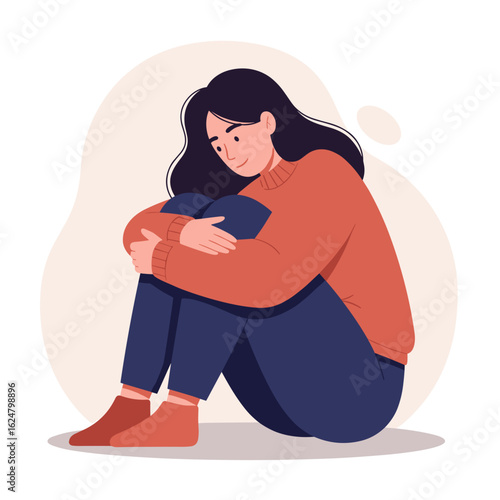 Woman sitting curled up in sadness wearing red sweater