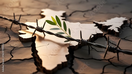 "Cracked Earth Map Showing India and Pakistan Border with Barbed Wire – Political Conflict Concept, Divided Countries.