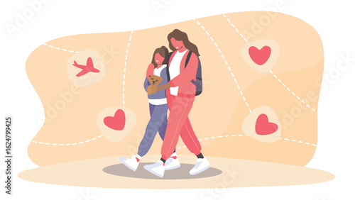 A mother and daughter walking together with a teddy bear on a background with hearts and an airplane