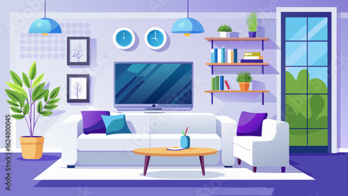 Modern white living room, comfy sofa, flat-screen TV, living room, white walls