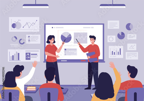 Two colleagues presenting data analytics with charts and graphs to an interactive audience during a seminar.