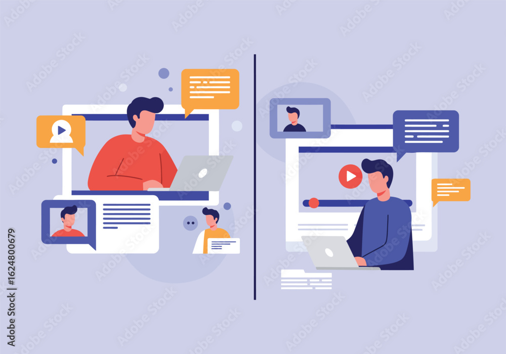 An illustration comparing synchronous and asynchronous online communication with men on laptops. An illustration comparing synchronous and asynchronous online communication with men on laptops.