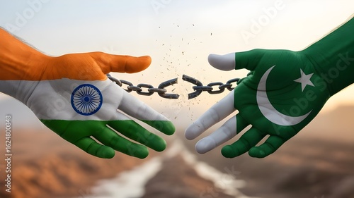 "India Pakistan Handshake – Unity Concept with Painted Hands in National Flag Colors of India and Pakistan, Peace and Friendship Symbol 