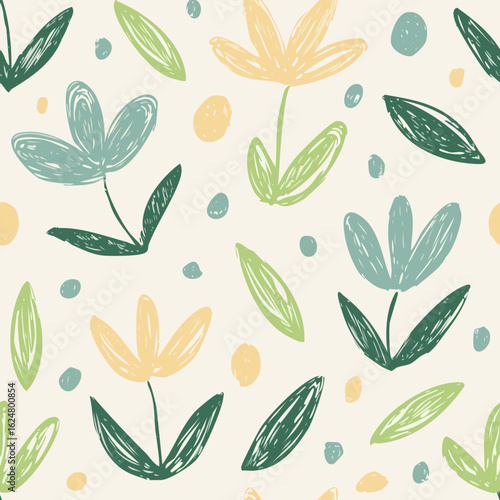 Seamless Hand-Drawn Floral and Leaf Pattern in Crayon Style