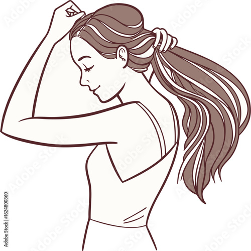 A woman brushing her long hair with both hands