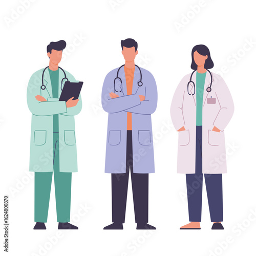 Three doctors standing with stethoscopes on white background