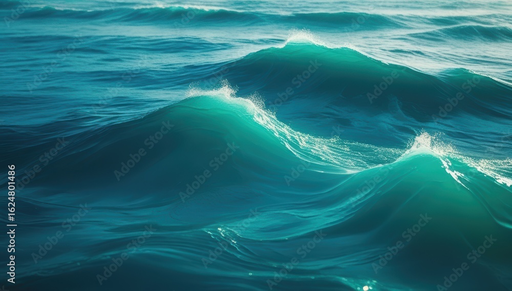 Fototapeta premium Close up of glowing turquoise ocean waves with sunlight reflecting on the water