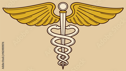 Golden caduceus symbol with wings and two snakes