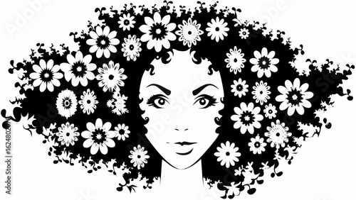 Portrait of a woman with floral hair in black and white graphic style with curly hair and flower accents | editable eps vectors silhouette