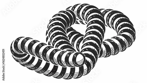 A black and white illustration of a twisted rope made of circular segments creating a looped pattern | editable eps vectors silhouette