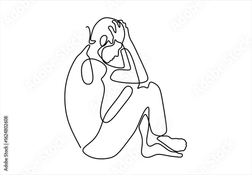 Embrace of Loneliness.  Single Continuous line drawing of Depressed teenager Sad young boy. Bad mood, Unhappy , sorrow, melancholy, negative emotions concept. Worried people concept