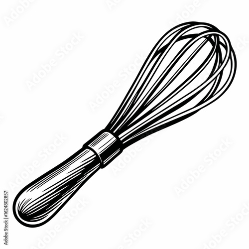 Monochrome line drawing of a kitchen wire whisk with a handle, symbolizing baking tools, preparation, and culinary mixing
