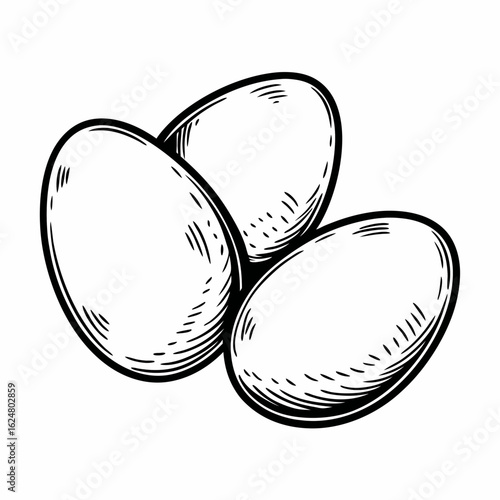 Monochrome sketch of three whole eggs shown in grouping, symbolizing natural protein, cooking ingredients, and breakfast staples
