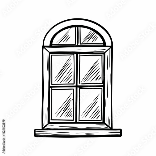 Hand-drawn sketch of an arched window with divided panes, representing architectural elegance, light, and classical home design
