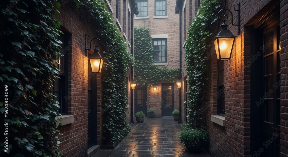 Fototapeta premium Enchanting Ivy-Covered Alleyway with Glowing Lanterns Illuminating Bricks and Stone