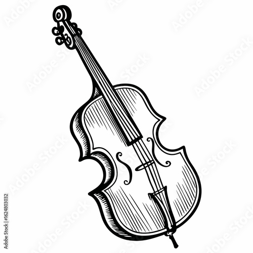 Classic cello illustrated in monochrome sketch style with strings, f-holes, and bowing posture, symbolizing classical music, orchestral sound, and performance
