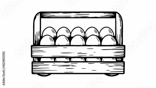 Basket made of wood filled with whole eggs shown in monochrome line illustration, representing natural gathering, simplicity, and farm freshness
