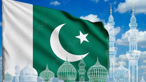 Pakistani Flag with Abstract Islamic Domes – 14 August Independence Day Background Design in Green and White Theme