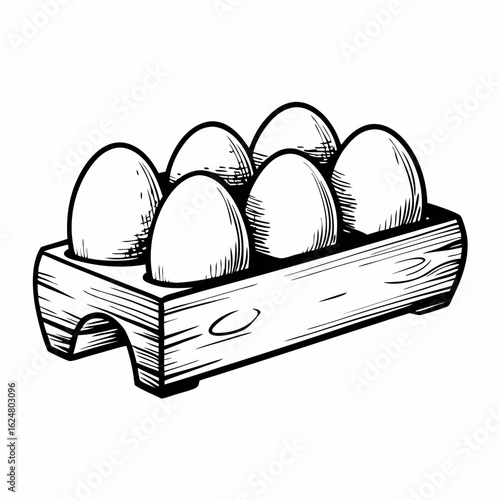 Monochrome line drawing of a carton holding several eggs, symbolizing freshness, kitchen staples, and organic food storage
