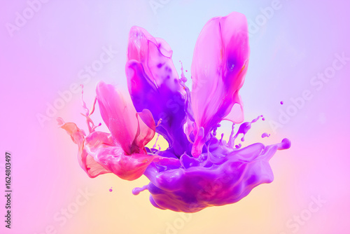 Translucent flower petals melting into watercolor splash, floating in air, pastel background