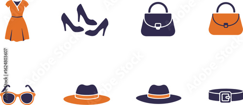Fashionable Flat Icons in Orange and Navy Blue on White Background Keywords: fashion, clothing, apparel, style, accessory, icon, illustration, graphic, design, outfit, wardrobe, collection, dress