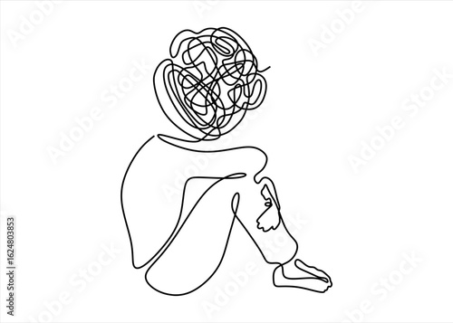 Continuous line drawings of man feeling sad, tired and worried about suffering from depression in mental health. problems, failures and concepts of heartbreak isolated on white background