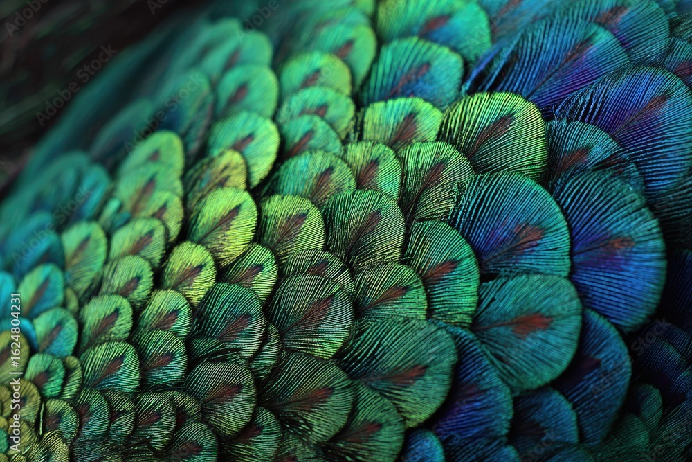 Obraz premium Close-up of peacock feather patterns. Vibrant green, blue, and teal colors