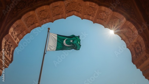 "Architectural Arches with National Flag of Pakistan – Green and White Crescent and Star, Patriotic Islamic Architecture Design