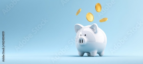 The piggy bank collecting coins in a bright and minimalistic setting.