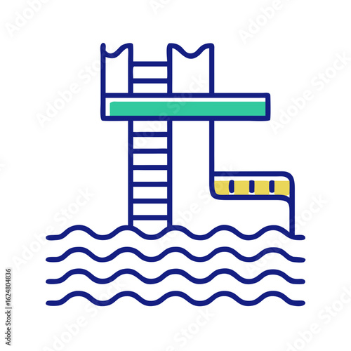 Diving platform over swimming pool, symbolizing water sports, summer activities, and public recreation
