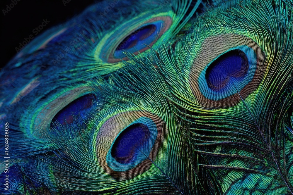 Fototapeta premium Close-up of vibrant peacock feathers, showcasing iridescent blues, greens, and golds