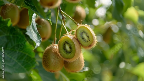 A photo of a kiwi tree with fuzzy kiwis.