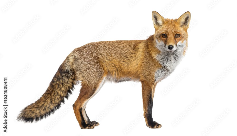Fototapeta premium Alert red fox standing upright with bushy tail and vivid fur