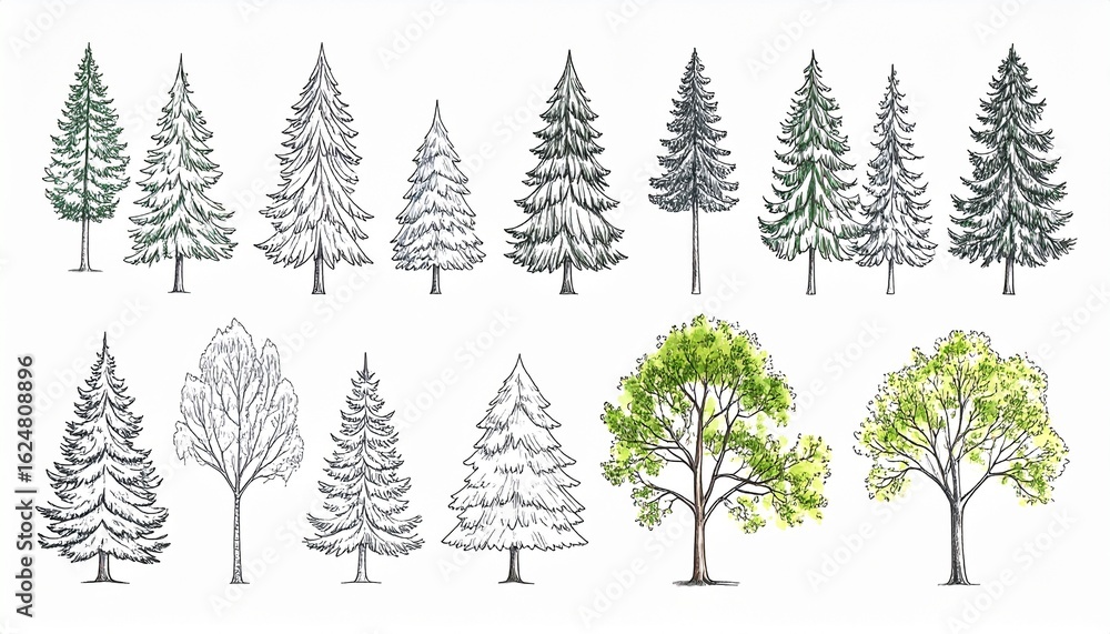 Obraz premium Collection of trees. Coniferous and deciduous forest plants. Hand drawn ink sketches