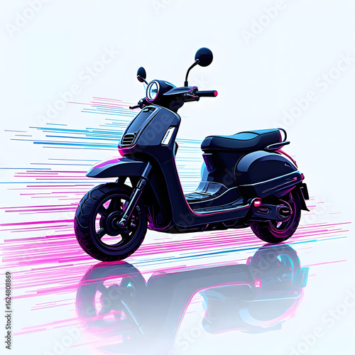 Electric scooter depicted in a vibrant vaporwave design with neon streaks, evoking futuristic retrostyle