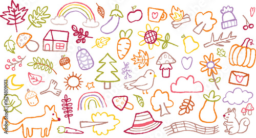 Hand drawn fall season doodles. Including leaves, animals, food, trees, a rainbow, and cozy seasonal
