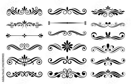 Black ornamental swirls and floral elements collection vector
