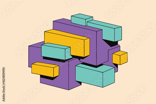 Abstract geometric arrangement of purple teal and yellow rectangular prisms on a beige background