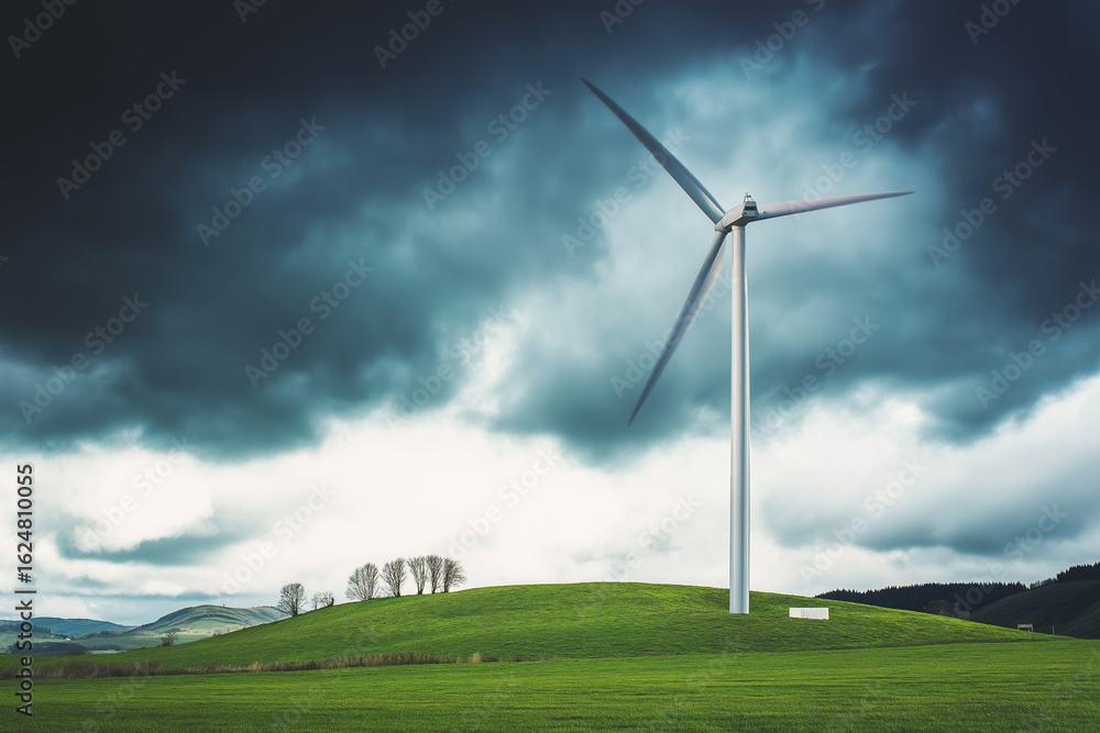 Obraz premium Wind turbine slowly rotating on a green hill, dramatic sky in background, clean landscape with minimal visual noise