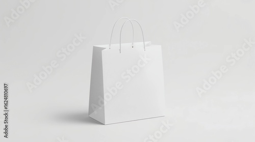 Blank white paper bag with silk handle mockup, isolated, 3d rendering. Beautiful craft plastic package mock up. Empty gift carry pack template. Shopping packet mock-up
