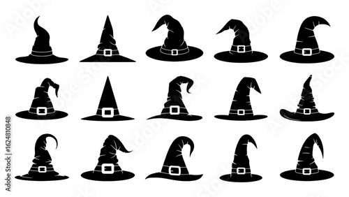 Black witch hats with buckles and pointed shapes vector