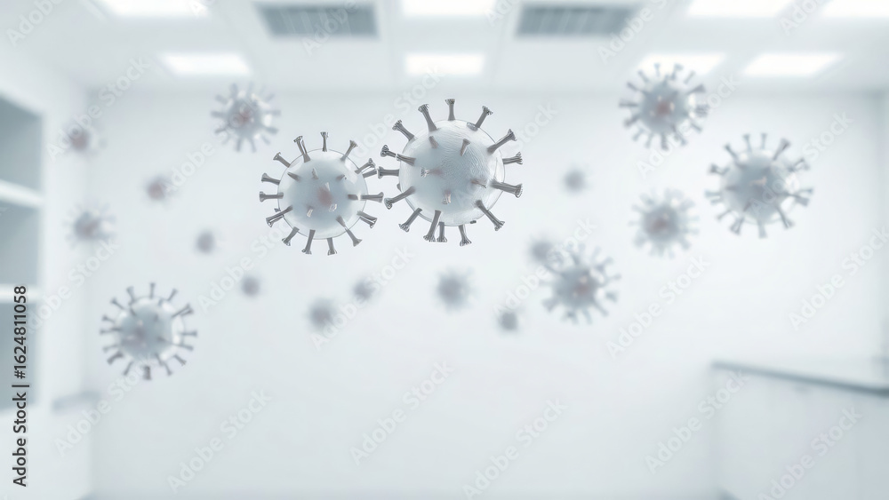 Fototapeta premium Virus Outbreak and Public Health: A 3D Illustration of Microscopic Viruses Floating in the Air of a Hospital or Laboratory Room, Symbolizing Contagion, Disease Spread, and Medical Research