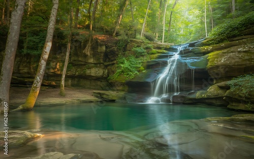 Serene Waterfall Flowing into a Crystal Clear Emerald Pool in a Sunlit Forest nature cascade