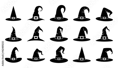 Black witch hats with buckles and varied shapes halloween